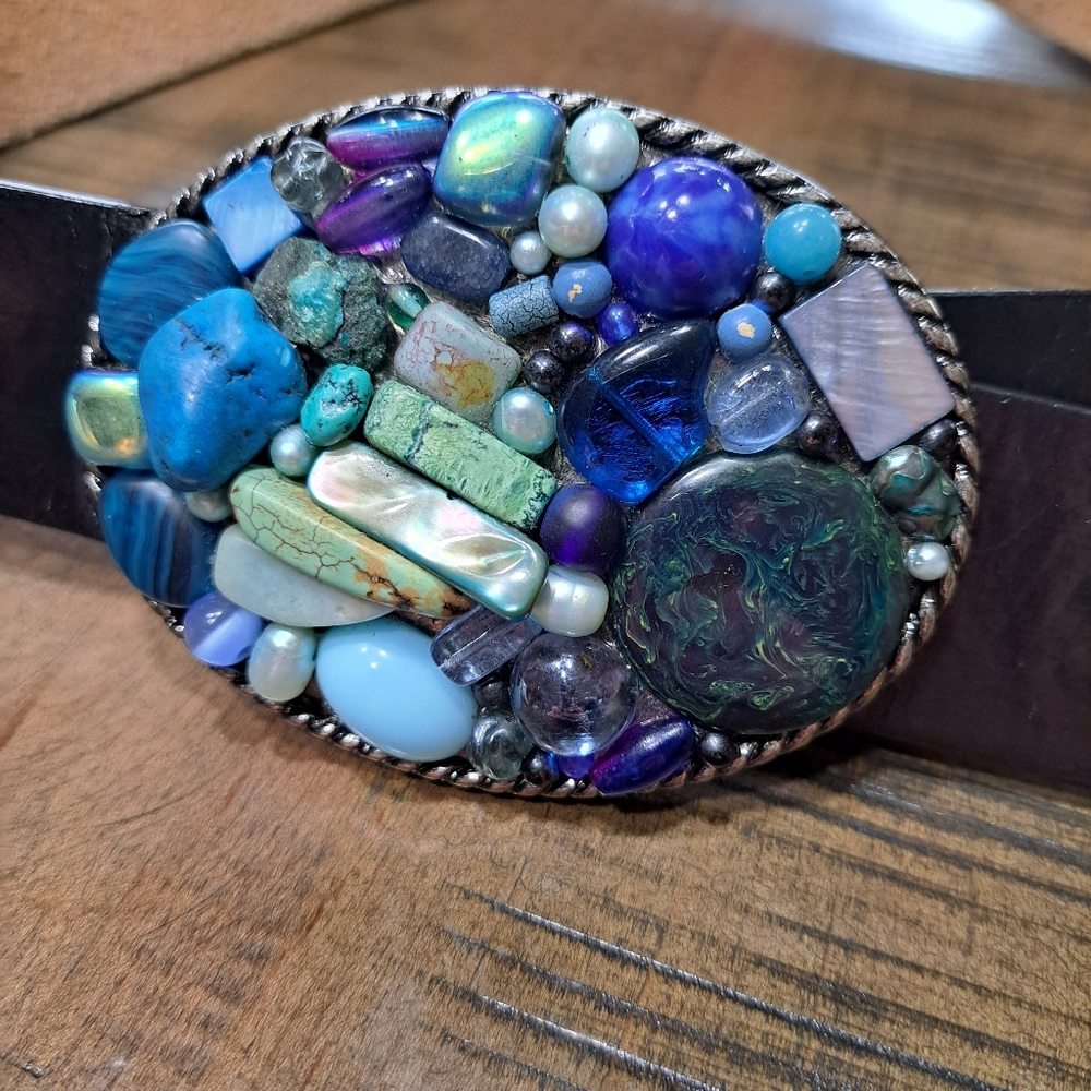 Vintage BIJOUX Bohemian Belt Leather Mosaic Stone Glass Beads Blues